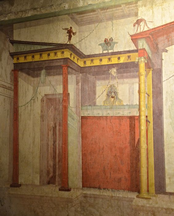 House of Augustus (Domus Augusti), South wall of the Mask Room, 2nd Pompeian style, Palatine Hill, Rome